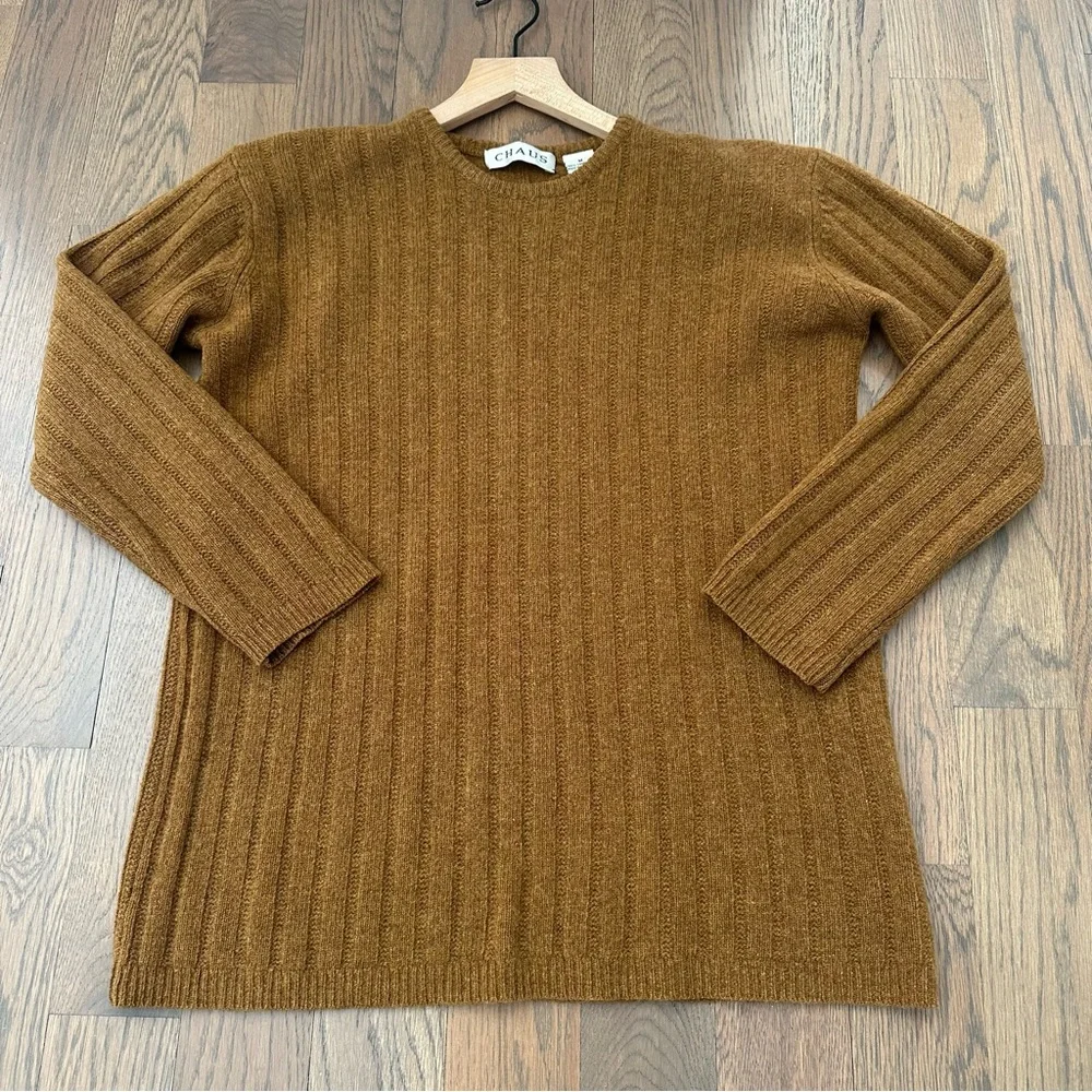 Vintage Chaus Thick Ribbed Lambswool Crew Neck Sweater in Warm Brown Medium
